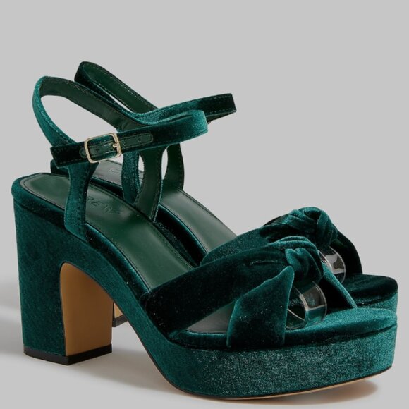 New J Crew Velvet Platform Sandals in Academic Green, size 8 - Picture 1 of 8